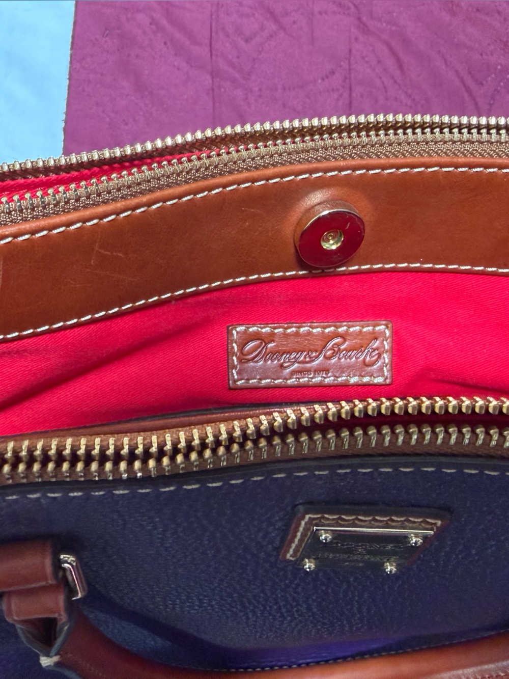 Dooney & Bourke Purple Leather Tote with Orange Handles - Picture 2 of 3